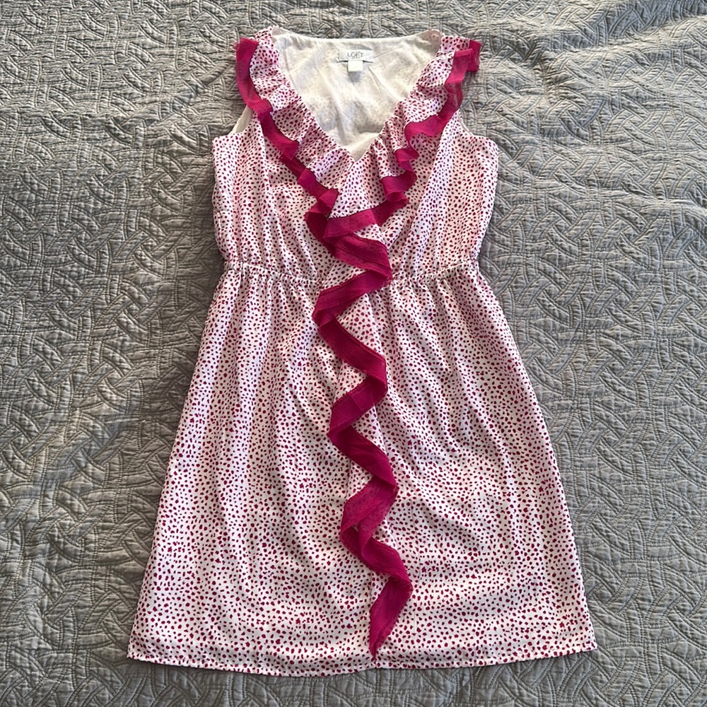 Loft Small Petite Hot Pink Polka Dot Ruffle Dress - Never Worn
